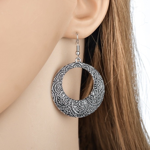 Any 3/$25! Dark Gray Engraved Circular Boho Drop Earrings - Picture 4 of 7